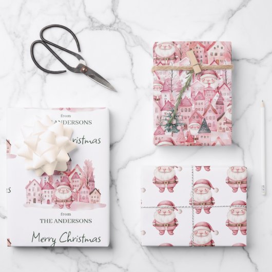 Cute Santa Pink Winter Town Christmas Inpakpapier Vel (Voorkant)