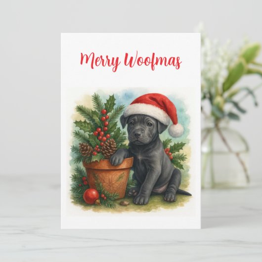 Cute  Santa Puppy Merry Woofmas Christmas  Feestdagenkaart (Staand voorkant)