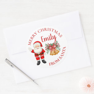 Cute Santa Red Berries Bell Name Merry Kerstry Ronde Sticker