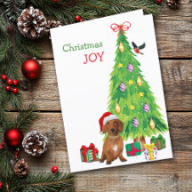 Cute Santa Red Dachshund Dog en kerstboom