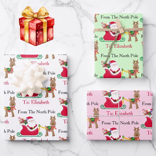 Cute Santa Reindeer Child's Name Christmas 3 Inpakpapier Vel