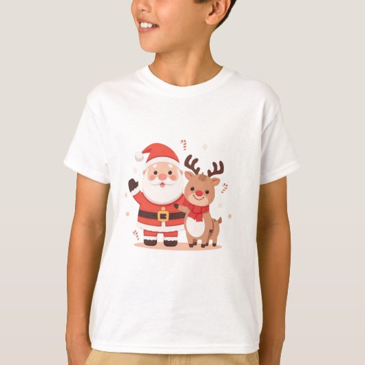Cute Santa & Reindeer Christmas T-Shirt (Voorkant)