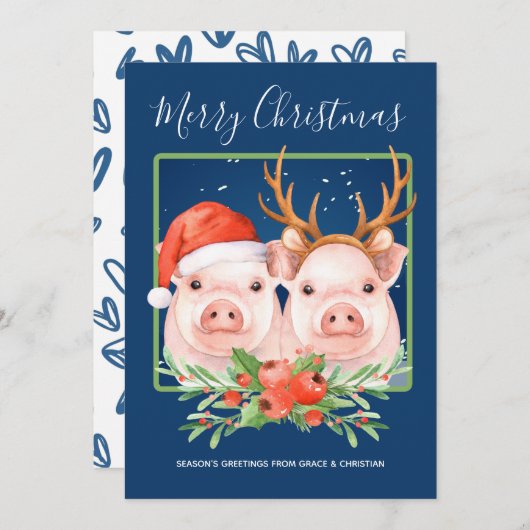 Cute Santa Reindeer Kerstmis Pig Couple Feestdagenkaart (Voorkant / Achterkant)