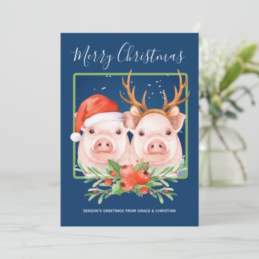 Cute Santa Reindeer Kerstmis Pig Couple Feestdagenkaart (Staand voorkant)