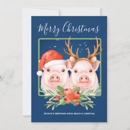 Cute Santa Reindeer Kerstmis Pig Couple Feestdagenkaart