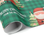 Cute Santa Reindeer Merry Christmas Name Green Cadeaupapier (Rol Hoek)