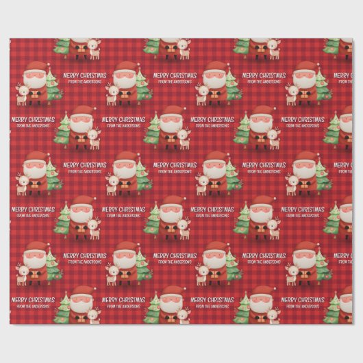 Cute Santa Reindeer Merry Christmas Name Red Cadeaupapier (Vlak)
