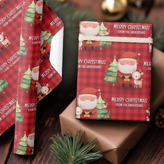 Cute Santa Reindeer Merry Christmas Name Red Cadeaupapier