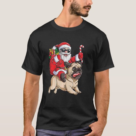 Cute Santa Riding Pug Dog Funny Pug Dog Kerstmis T-shirt (Voorkant)