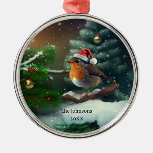 Cute Santa Robin met aangepaste tekst/tekstloos Metalen Ornament (Voorkant)