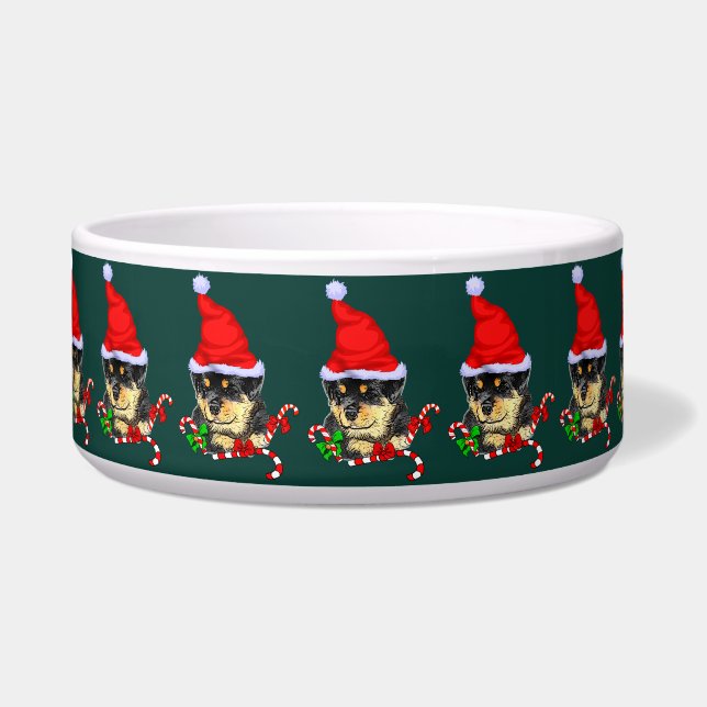 Cute Santa Rottweiler Kerstmis Voerbakje (Voorkant)