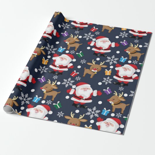 Cute Santa/Rudolph-kerstpatroon Cadeaupapier (Uitgerold)