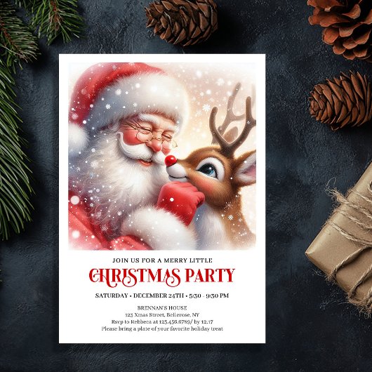 Cute Santa Rudolph Winter Christmas Party Invite Kaart
