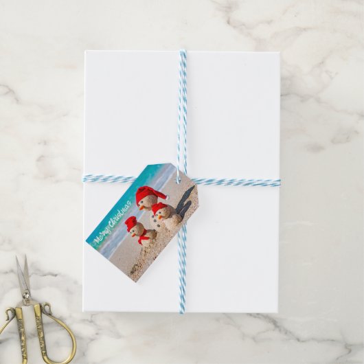 Cute Santa Sand Snowmen Cadeaulabel (Met Touw)