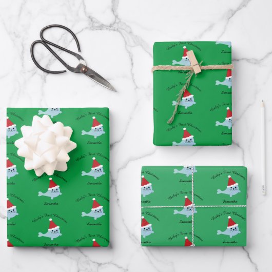 Cute Santa Seal Baby's Eerste Kerstmis Inpakpapier Vel (Voorkant)