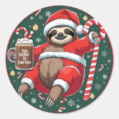 Cute Santa Sloth on Candy Cane with Hot Cocoa Ronde Sticker (Voorkant)