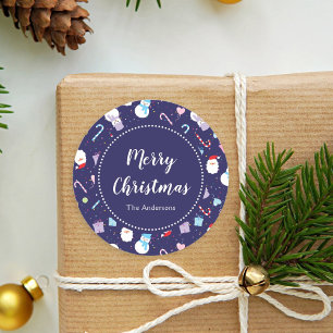 Cute Santa Snowman Candy Cane-kerstpatroon Ronde Sticker