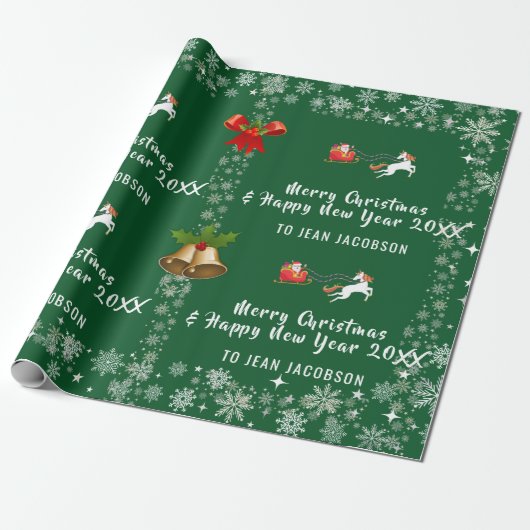 Cute Santa Unicorn Modern Script Holly Personalise Cadeaupapier (Uitgerold)