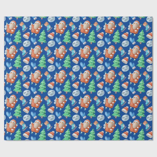 Cute Santa Winter Cartoon Blue Pattern Cadeaupapier (Vlak)