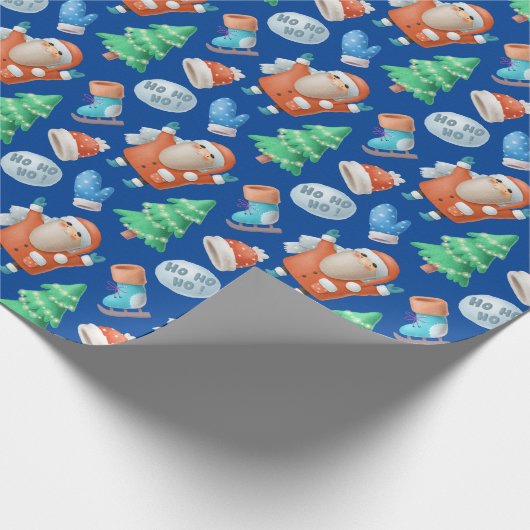Cute Santa Winter Cartoon Blue Pattern Cadeaupapier (Hoek)