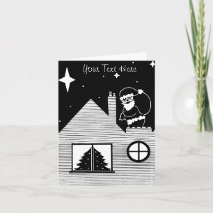 Cute santa with sack on roof black and white art feestdagen kaart