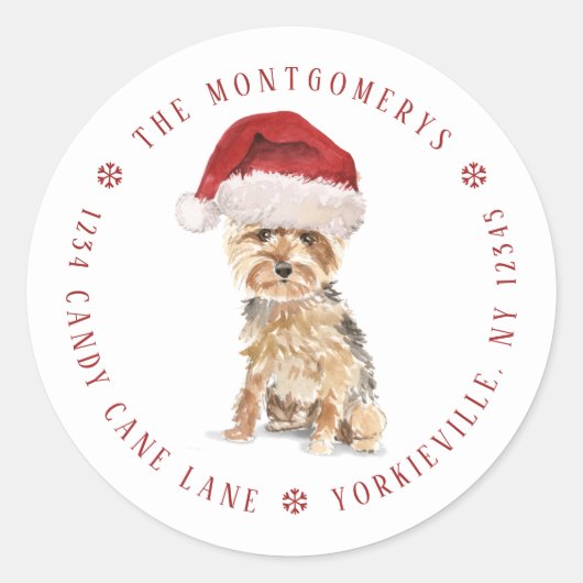 Cute Santa Yorkie-kerstterugzendadres Ronde Sticker (Voorkant)