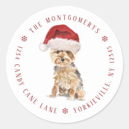 Cute Santa Yorkie-kerstterugzendadres Ronde Sticker