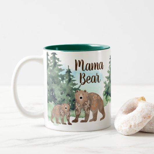 Cute Scandi Beren Woodland Forest Mama Beer Tweekleurige Koffiemok (Met donut)