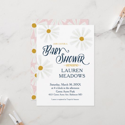 Cute Scandi Daisy Baby shower Invitation Kaart (Voorkant / Achterkant in situ)