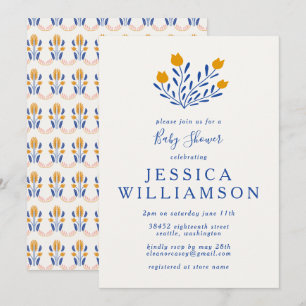 Cute Scandi Folk Flowers in Blue Baby shower Kaart