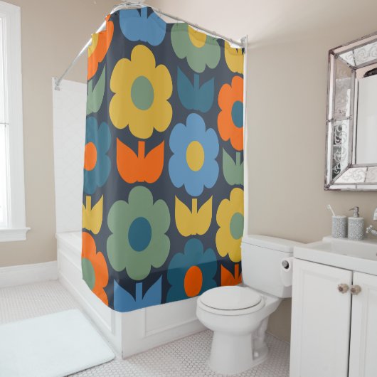 Cute Scandi Retro Modern Floral Pattern Blue Douchegordijn (In situ)