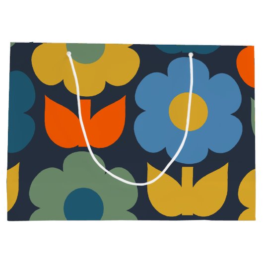 Cute Scandi Retro Modern Floral Pattern Blue Groot Cadeauzakje (Achterkant)