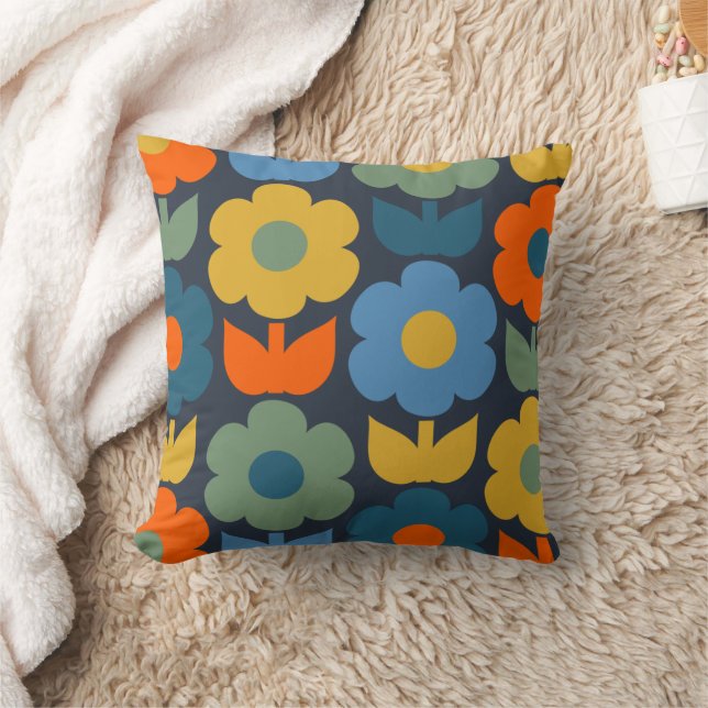 Cute Scandi Retro Modern Floral Pattern Blue Kussen (Deken)