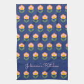 Cute Scandinavian Blue Flower Pattern Monogramed Theedoek (Verticaal)