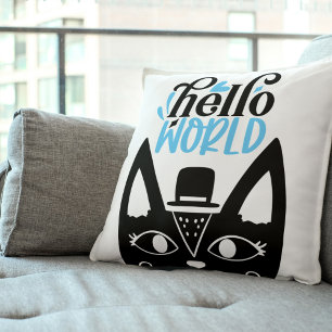 Cute Scandinavian cat met pet Hallo World Kussen