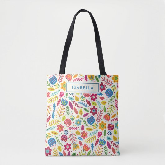 Cute Scandinavian Floral Folksy Persoonlijke naam Tote Bag (Voorkant)