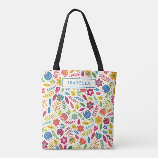 Cute Scandinavian Floral Folksy Persoonlijke naam Tote Bag (Achterkant)
