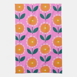 Cute Scandinavian Flowers in Pink and Oranje Theedoek