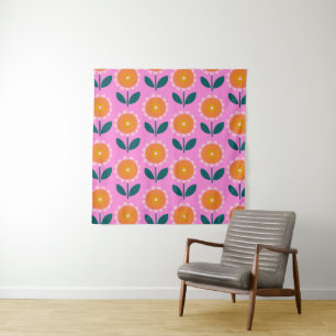 Cute Scandinavian Flowers in Pink and Oranje Wandkleed
