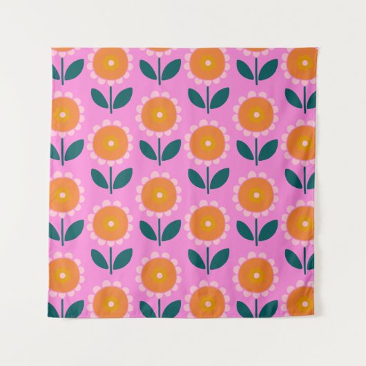Cute Scandinavian Flowers in Pink and Oranje Wandkleed (Voorkant)