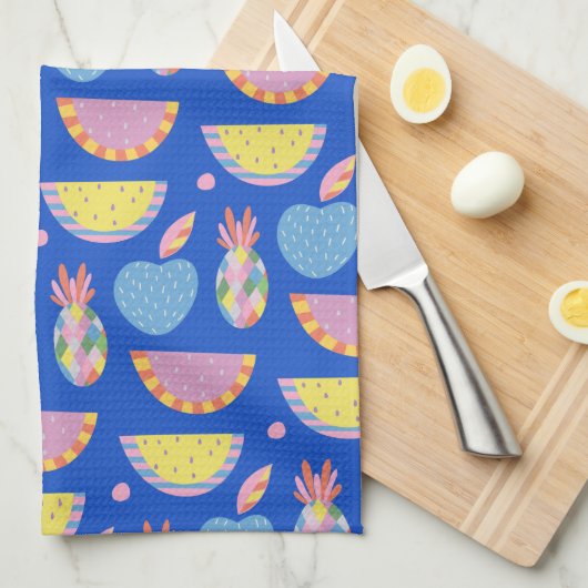 Cute Scandinavian Fruit Pattern Blue Whimsical Theedoek (Quarter Fold)