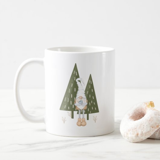 Cute Scandinavian Gnome Bird Pine Trees Koffiemok (Met donut)
