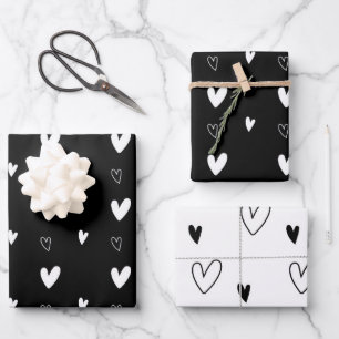 Cute Scandinavian Heart Pattern Black and White Inpakpapier Vel