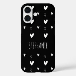Cute Scandinavian Heart Pattern Black Personalized iPhone 16 Hoesje