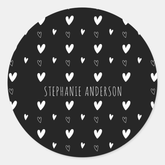 Cute Scandinavian Heart Pattern Black Personalized Ronde Sticker (Voorkant)