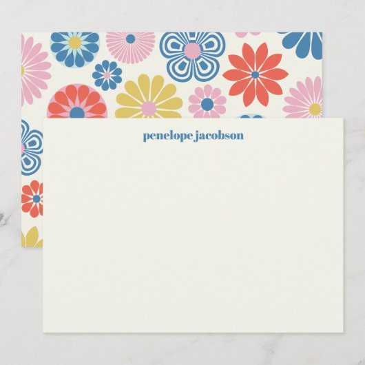 Cute Scandinavian Pink Blue Folk Floral Notitiekaartje (Voorkant / Achterkant)