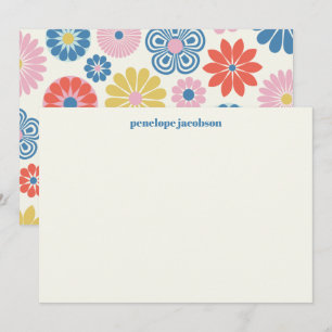 Cute Scandinavian Pink Blue Folk Floral Notitiekaartje