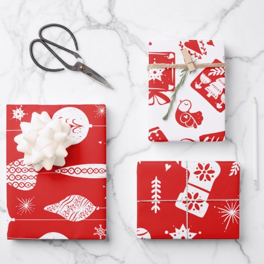 Cute Scandinavian Red en White Kerstpattern Inpakpapier Vel (Voorkant)