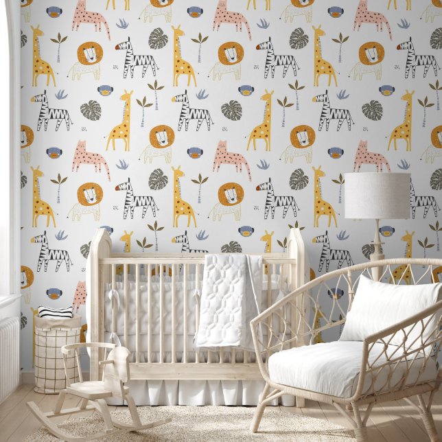Cute Scandinavian Safari Animals White Nursery Behang (Kinderen)