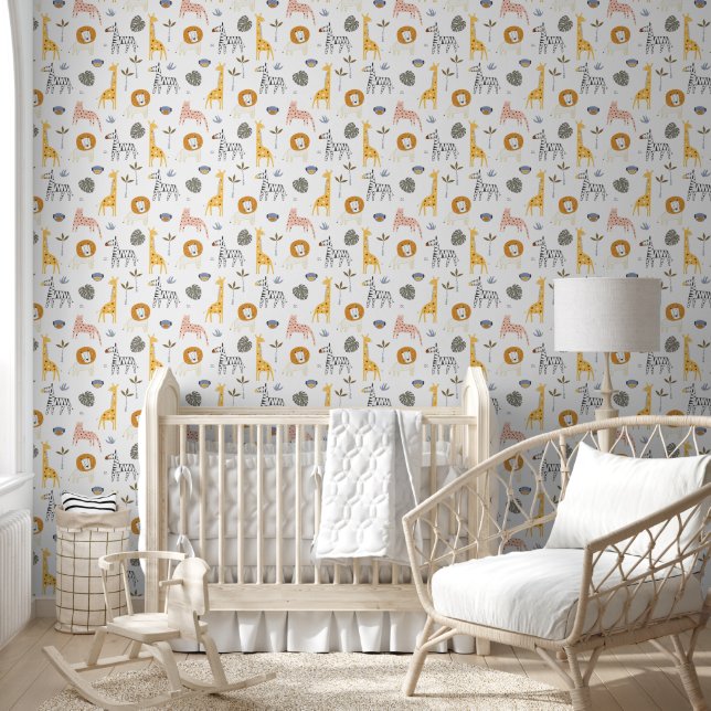 Cute Scandinavische Safari Dieren Witte Kinderkame Behang (Kinderen)